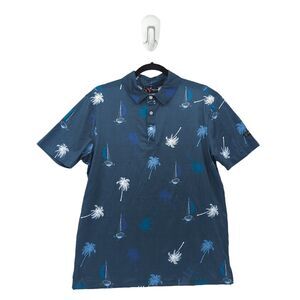 YATTA GOLF Men S Polo Shirt Blue Stretch Floral Palm Trees Boats Pura Vida NEW
